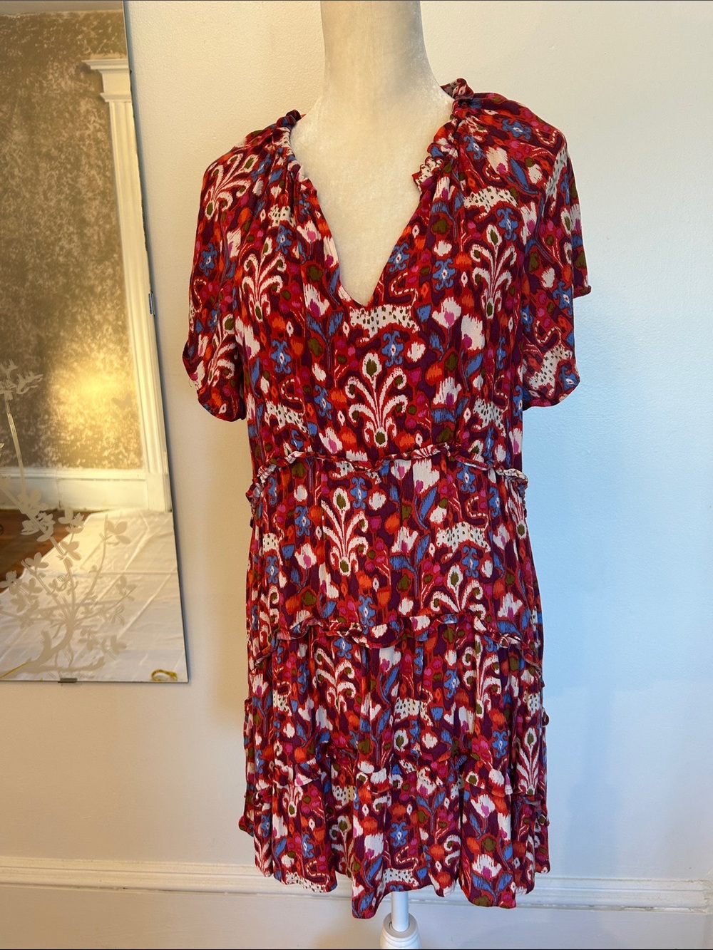 Anthropologie Red Multi-Print Short Sleeve Tiered Dress